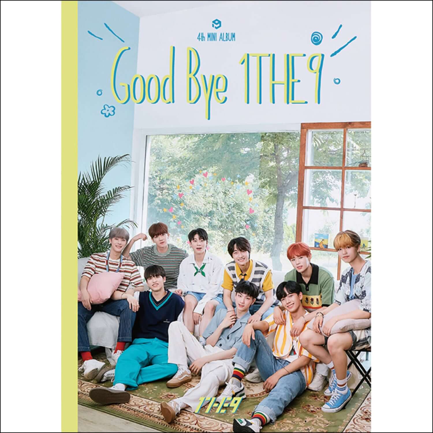 1THE9 - [Good Bye 1THE9] - Album Kpop : couverture avec 1THE9 souriants, scène intérieure lumineuse, style fan meeting.