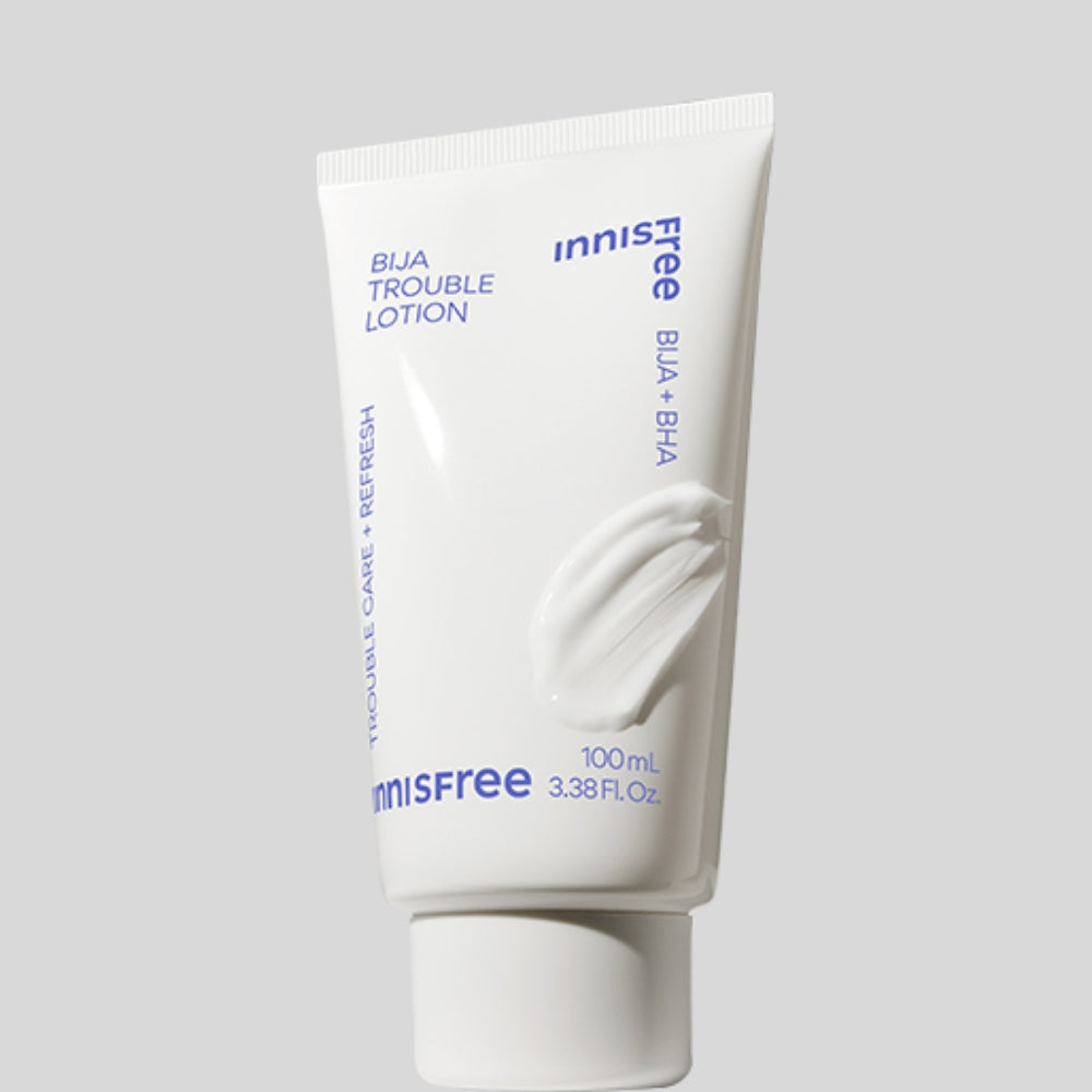 INNISFREE Bija Trouble Lotion 100ml, tube crème skincare de la marque INNISFREE sur fond clair, visuel produit