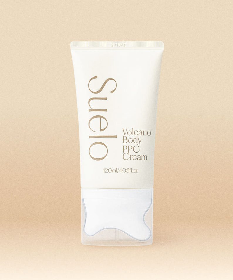 SUELO Volcano Body PPC Cellulite Cream 120ml, tube crème anti-cellulite sur fond beige, vue produit de marque SUELO.