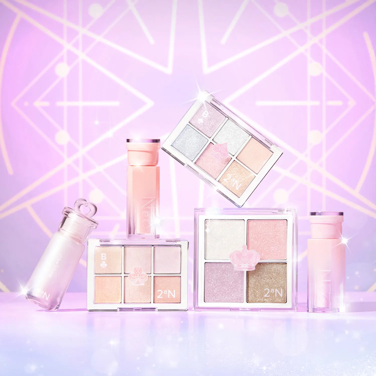 2AN  Jelly Glow Highlighter Palette 10.8g, palette illuminatrice, sur fond violet décoré, marque 2AN, rendu scintillant.