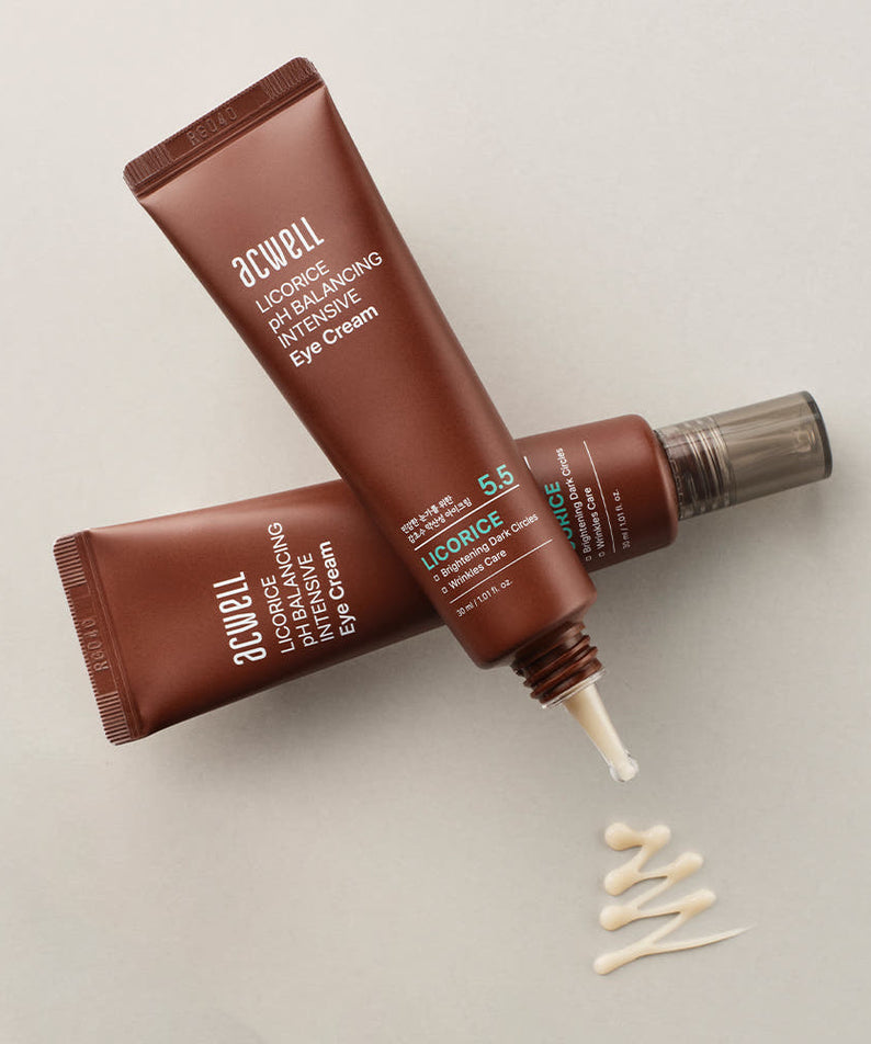 ACWELL Licorice Ph Balancing Eye Cream 30ml, tube et crème sous forme de point, marque ACWELL sur fond clair.
