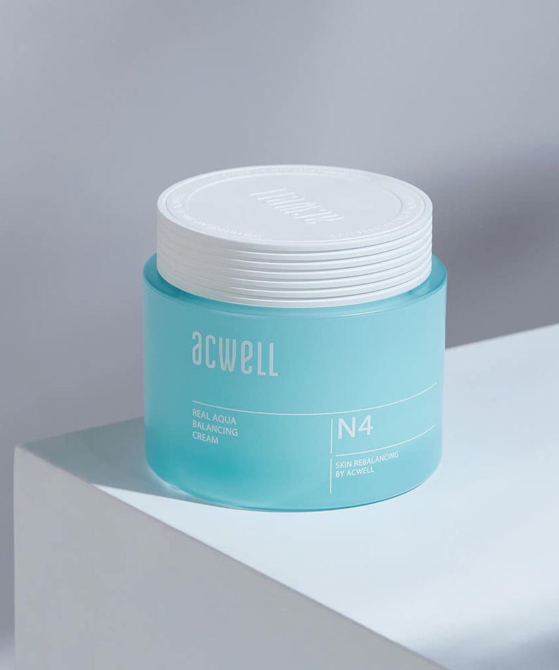 ACWELL Real Aqua Blancing Cream 50ml, pot bleu sur fond clair, crème hydratante équilibrante ACWELL, rendu produit