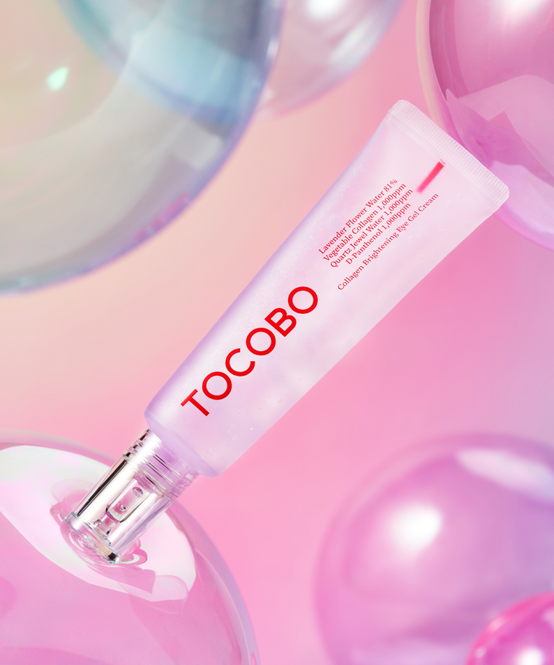TOCOBO Collagen Brightening Eye Gel Cream 30ml, tube sous lueurs roses et bleues sur décor cosmétique, gros plan produit.