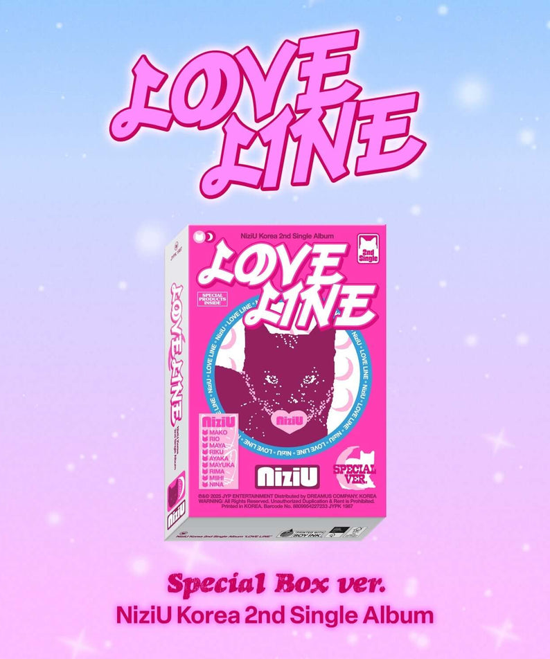 NIZIU - [LOVE LINE] - Album Kpop : boîte édition spéciale rose, visuel LOVE LINE, fond bleu étoiles, NiziU