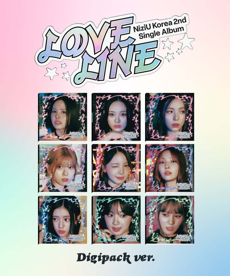 NIZIU - [LOVE LINE] - Album Kpop, digipack avec portraits colorés sur fond rose-bleu, marque NIZIU, visuel frais