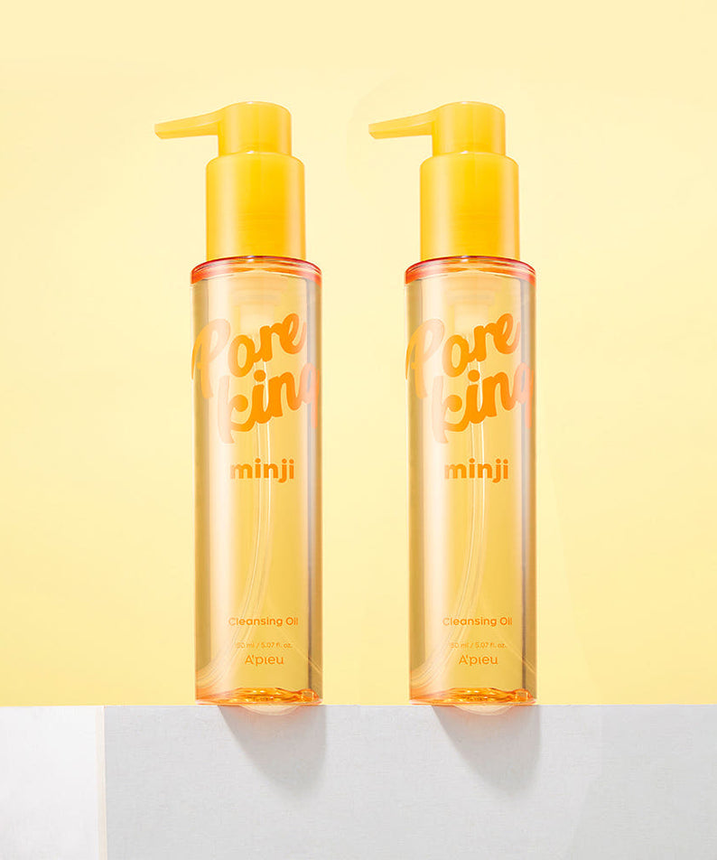 A'PIEU Pore King Minji Cleansing Oil 150ml, flacons jaunes sur fond jaune, contexte beauté démaquillage