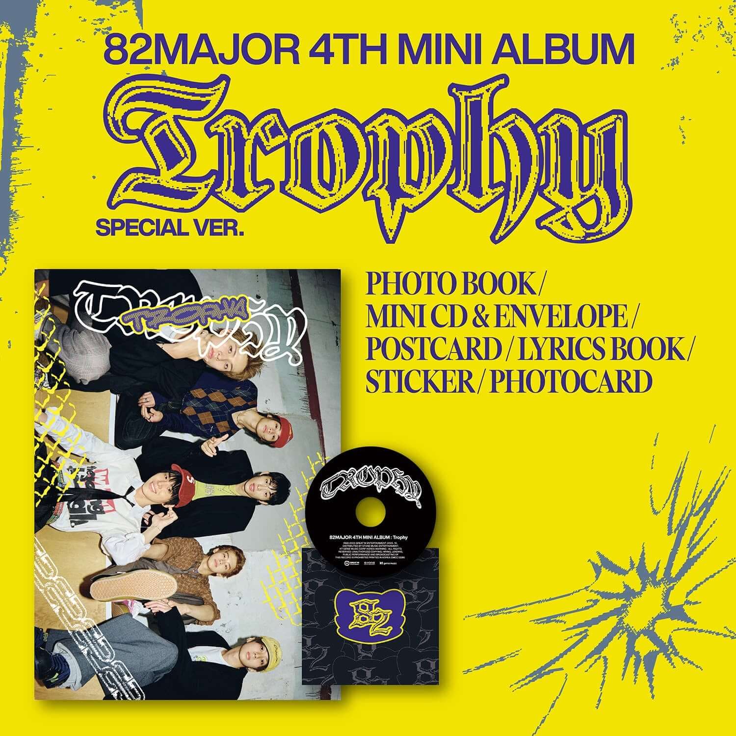 82MAJOR - 4th Album [Trophy] (Special ver.) - Album Kpop, pack affiché sur fond jaune avec photobook et CD
