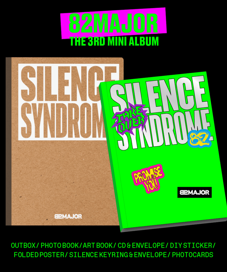 82MAJOR - [SILENCE SYNDROME] - Album Kpop : pochette verte et kraft, texte Silence Syndrome, style street, boîte produit 82MAJOR.