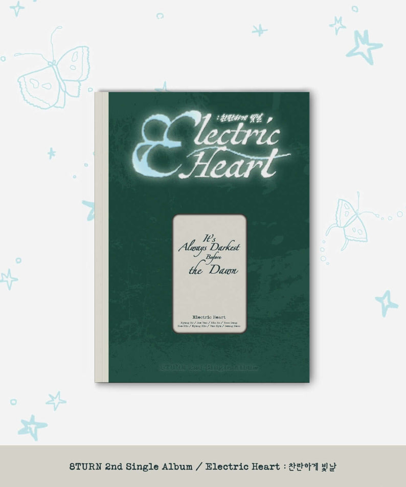 8TURN - [Electric Heart : ] - Album Kpop : jaquette vert sombre, style néon, étoiles, flamme musicale, fond blanc