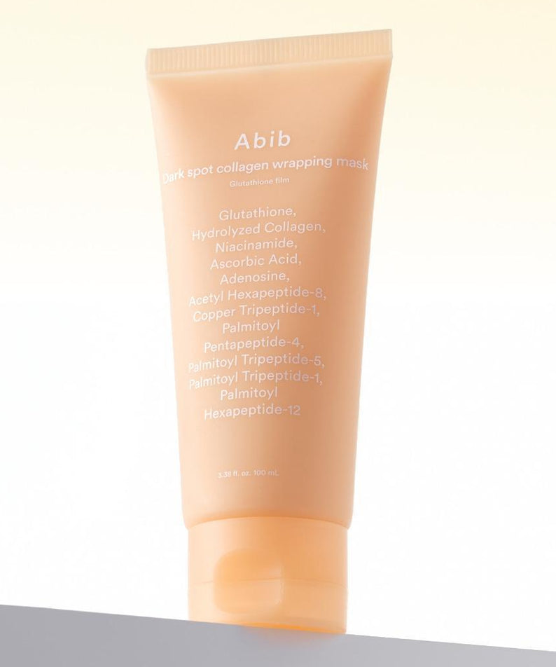 ABIB  Blemish Collagen Wrapping Mask Glutathione Film 100ml, tube crème sur fond clair, produit beauté Abib