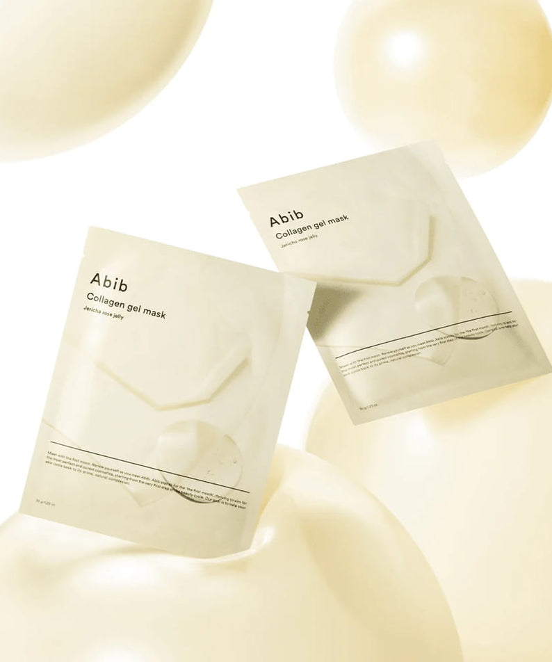 ABIB Collagen Gel Mak Jericho Rose Jelly d’ABIB, masques en gel en pochettes sur fond clair, 10 sheets.