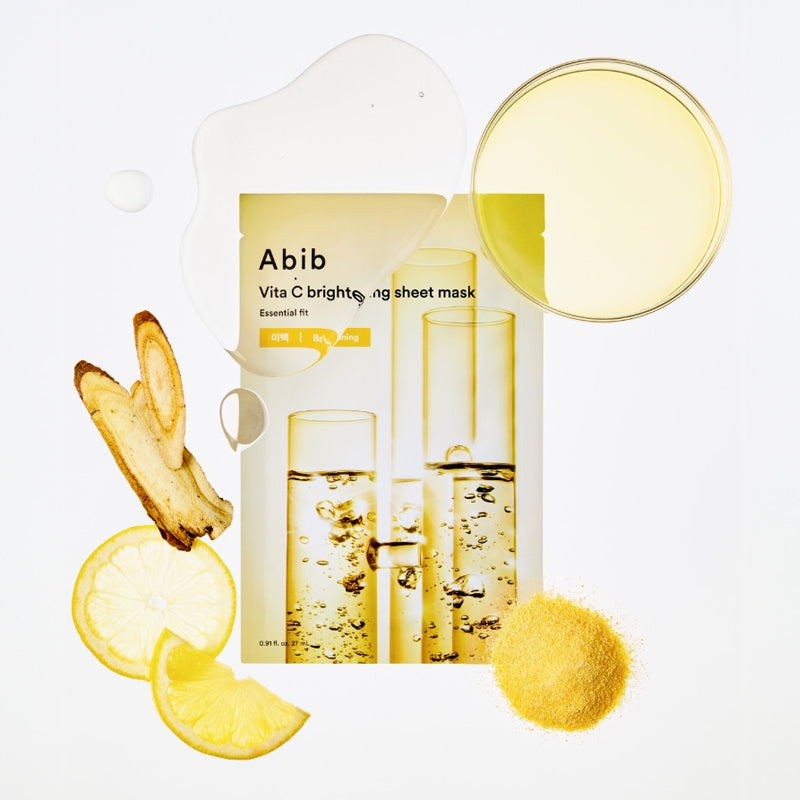 ABIB Essential Fit Vita C Brightening Sheet Mask d’Abib : masque en tissu sur fond blanc, agrumes et vitamine C, photo produit.