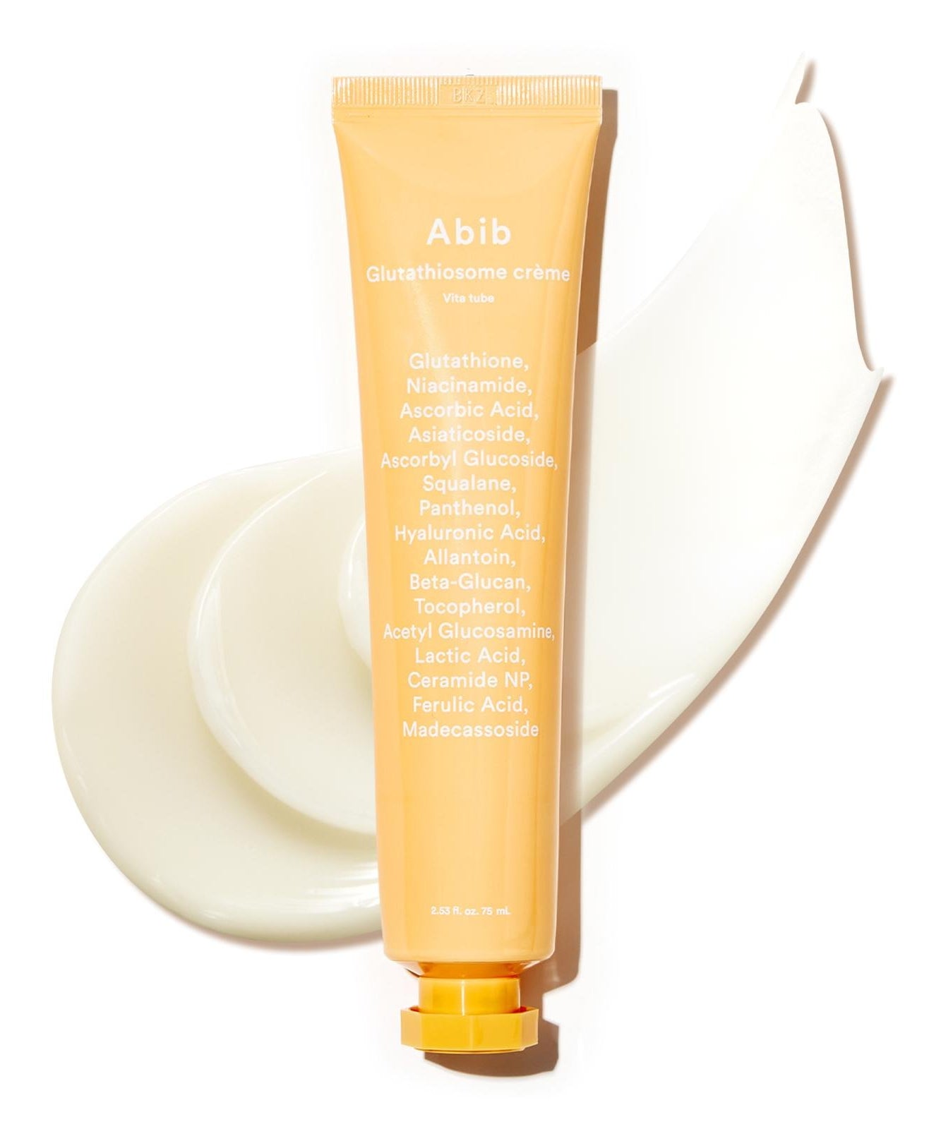 ABIB Glotathiosome Dark Spot Cream Vita Tube 75ml, tube crème ABIB sur fond blanc avec texture, produits de soins visage