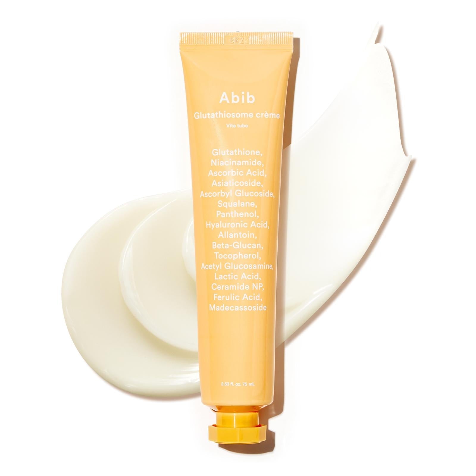 ABIB Glotathiosome Dark Spot Cream Vita Tube 75ml, tube crème ABIB sur fond blanc avec texture, produits de soins visage