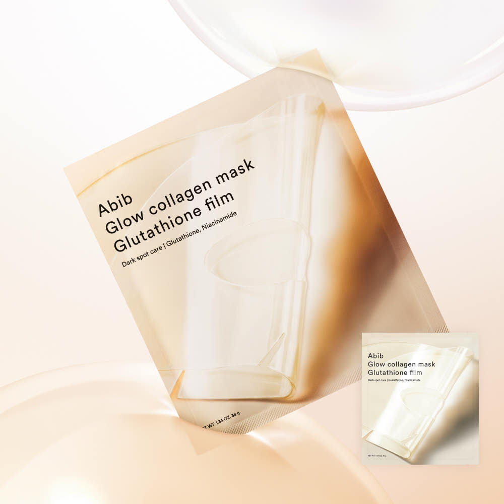 ABIB  Glow Collagen Glutathione Film 4 Sheets, masques en film sur fond clair, marque ABIB, présentation produit.