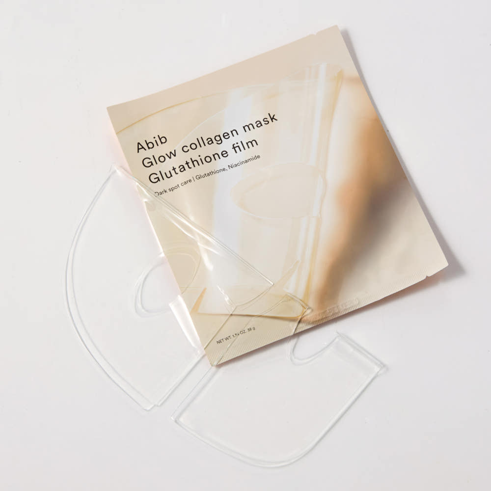 ABIB  Glow Collagen Glutathione Film 4 Sheets, pack beige sur fond clair avec feuilles masque film facial