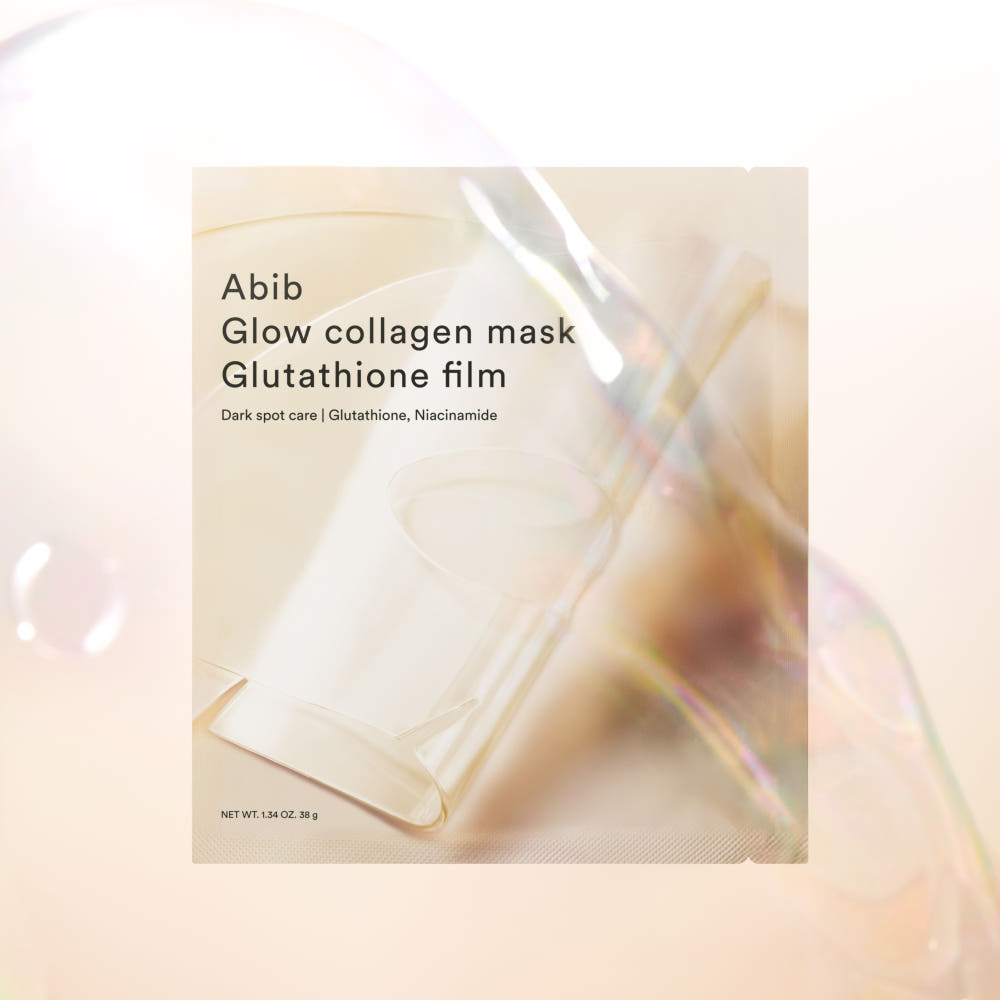 Décris l'image en français : ABIB  Glow Collagen Glutathione Film 4 Sheets, pack masque sur fond clair, marque Abib.