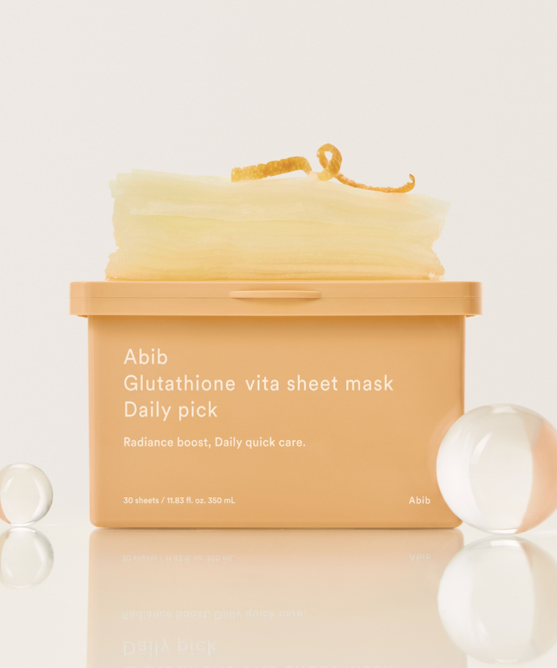ABIB Glutathione Vita Sheet Mask Daily Pick 30 Sheets, boîte et masques en tissu, design lumineux sur fond clair.