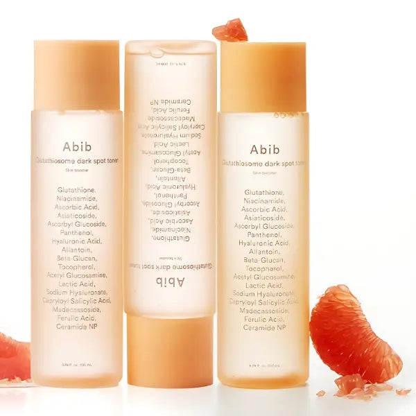 ABIB Glutathiosome Dark Spot Toner Skin Booster 200ml : flacons ABIB sur fond clair, contexte visuel beauté soins visage.