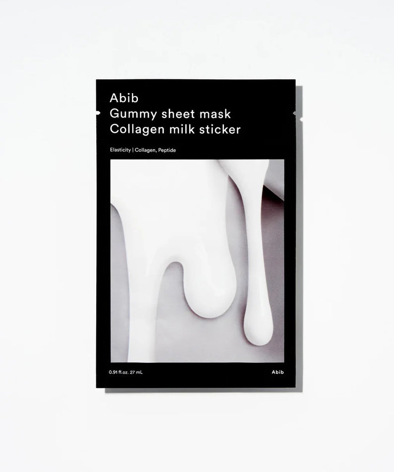 ABIB Gummy Sheets Mask Collagen Milk Sticker, masque en feuilles gélatineuses sur fond blanc, étui de la marque Abib.