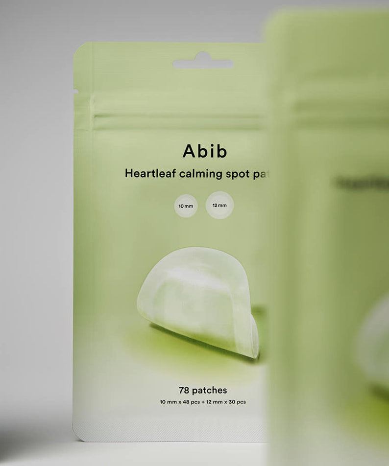 ABIB  Heartleaf Calming Spot Patch 78 Patches, pack vert avec patch, marque ABIB sur fond clair et visuel produit.