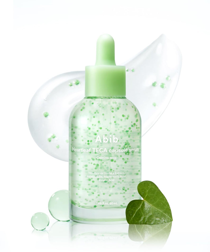 Décris l'image en français : ABIB Heartleaf TECA Capsule Serum Calming Drop 50ml, marque Abib, flacon vert apaisant.