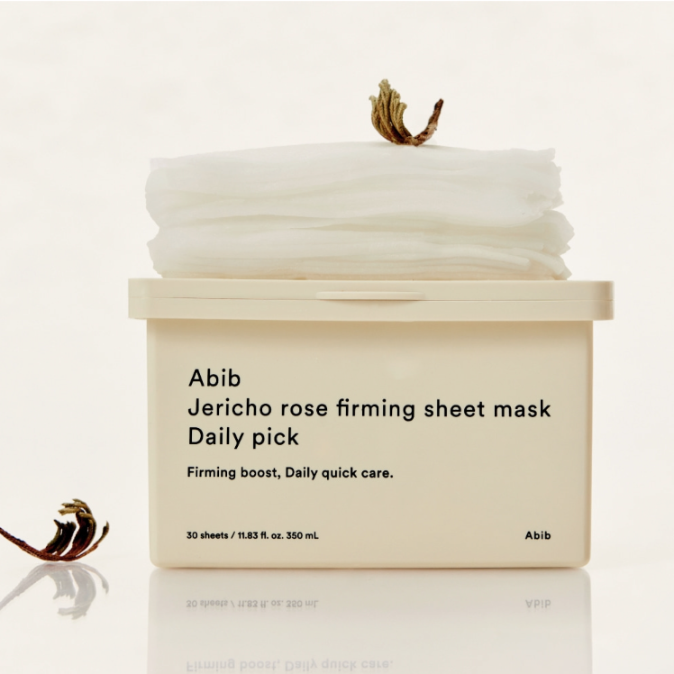 ABIB  Jericho Rose Firming Sheets Mask Daily Pick 30 Sheets, boîte blanche sur fond clair, feuilles de masque empilées.