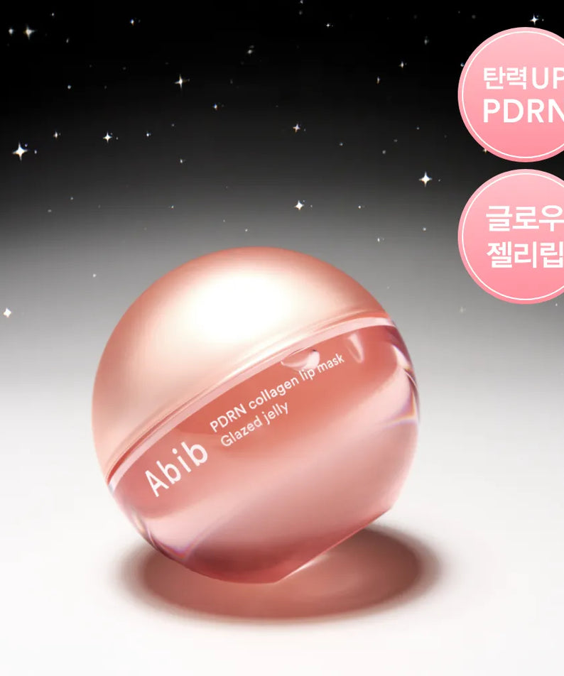ABIB PDRN Collagen Lip Mask Glazed Jelly 11g de ABIB, masque lèvres rose glacé sur fond étoilé.