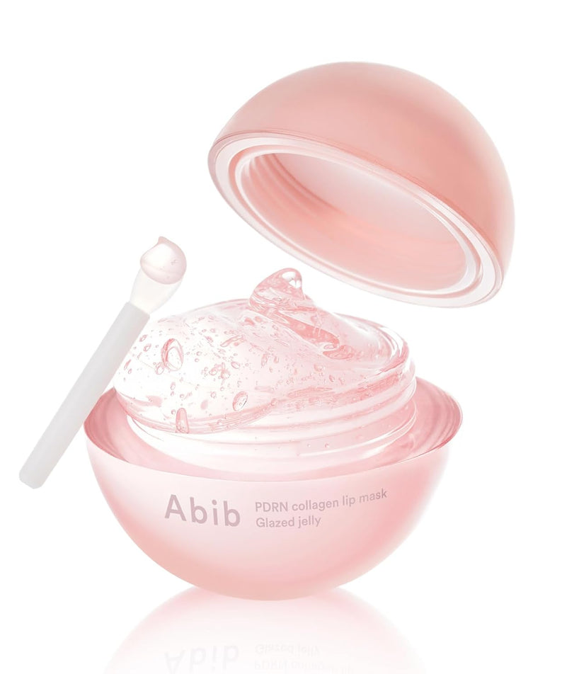 Décris l'image en français : ABIB PDRN Collagen Lip Mask Glazed Jelly 11g, masque lèvres gelée rose, pot ouvert sur fond blanc.