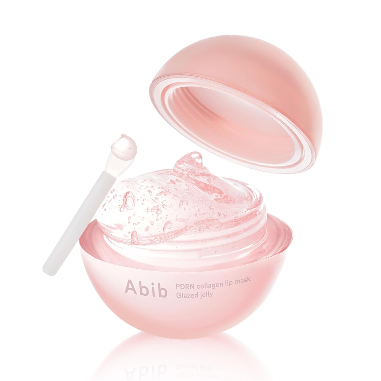 Décris l'image en français : ABIB PDRN Collagen Lip Mask Glazed Jelly 11g, masque lèvres gelée rose, pot ouvert sur fond blanc.