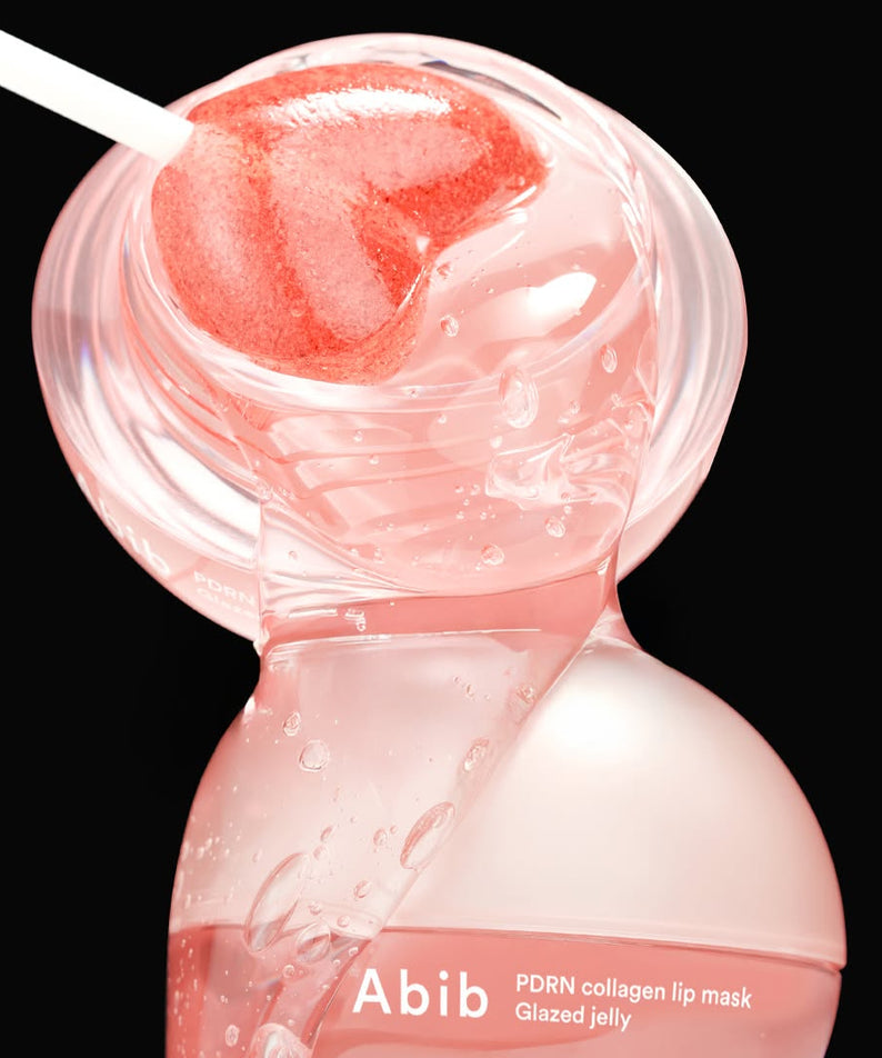 ABIB PDRN Collagen Lip Mask Glazed Jelly 11g, masque lèvres en gel brillant sur fond noir, visuel crémeux Abib.
