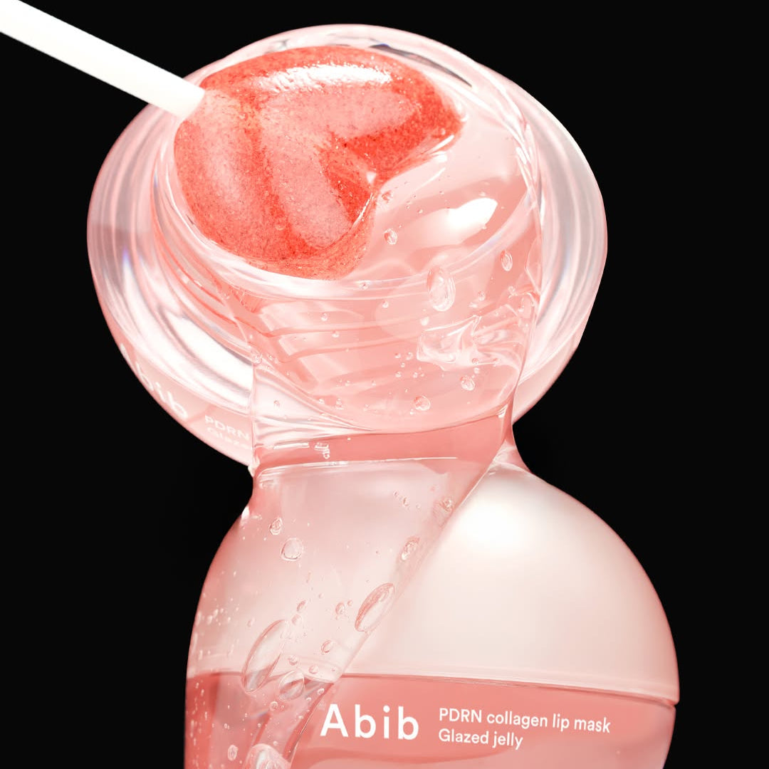 ABIB PDRN Collagen Lip Mask Glazed Jelly 11g, masque lèvres en gel brillant sur fond noir, visuel crémeux Abib.