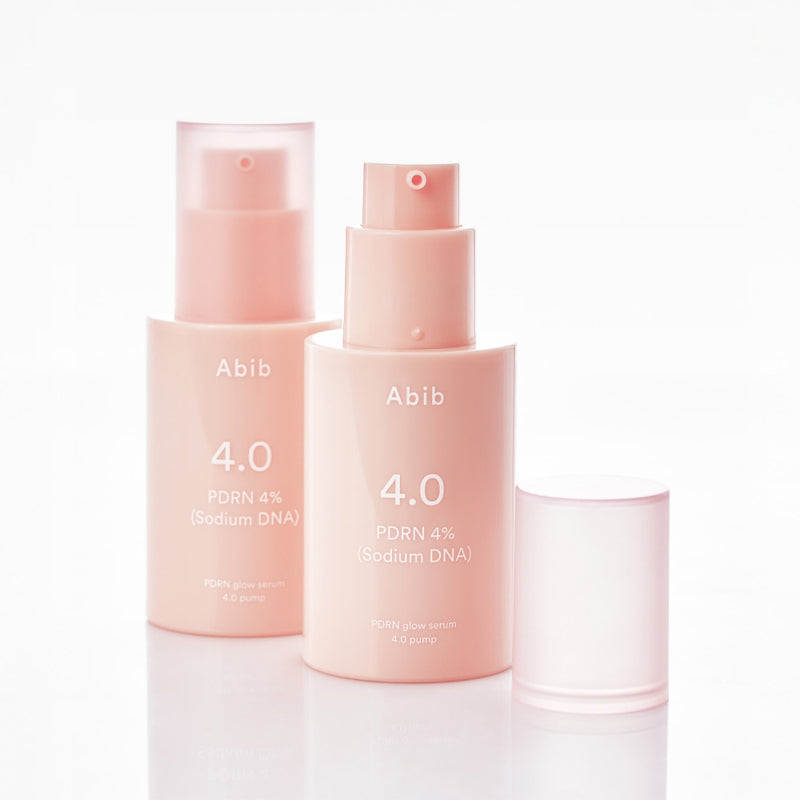 Décris l'image en français : ABIB  PDRN Glow Serum 30ml, flacons rose Abib sur fond blanc, esthétique soin visage.