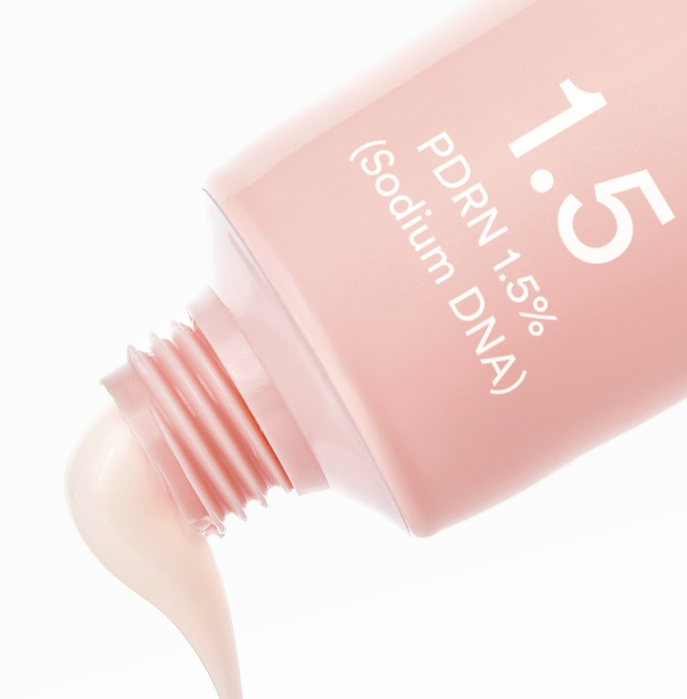 ABIB  PDRN Intensive Cream 1.5 Tubes 75ml, crème PDRN, flacon rose sur fond clair, texture appliquée en gros plan.
