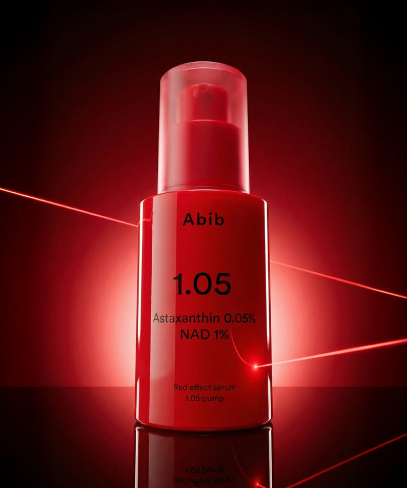 ABIB  Red Effect Serum 1.05 Pump 30ml par Abib, flacon rouge sur fond sombre avec reflets lumineux.