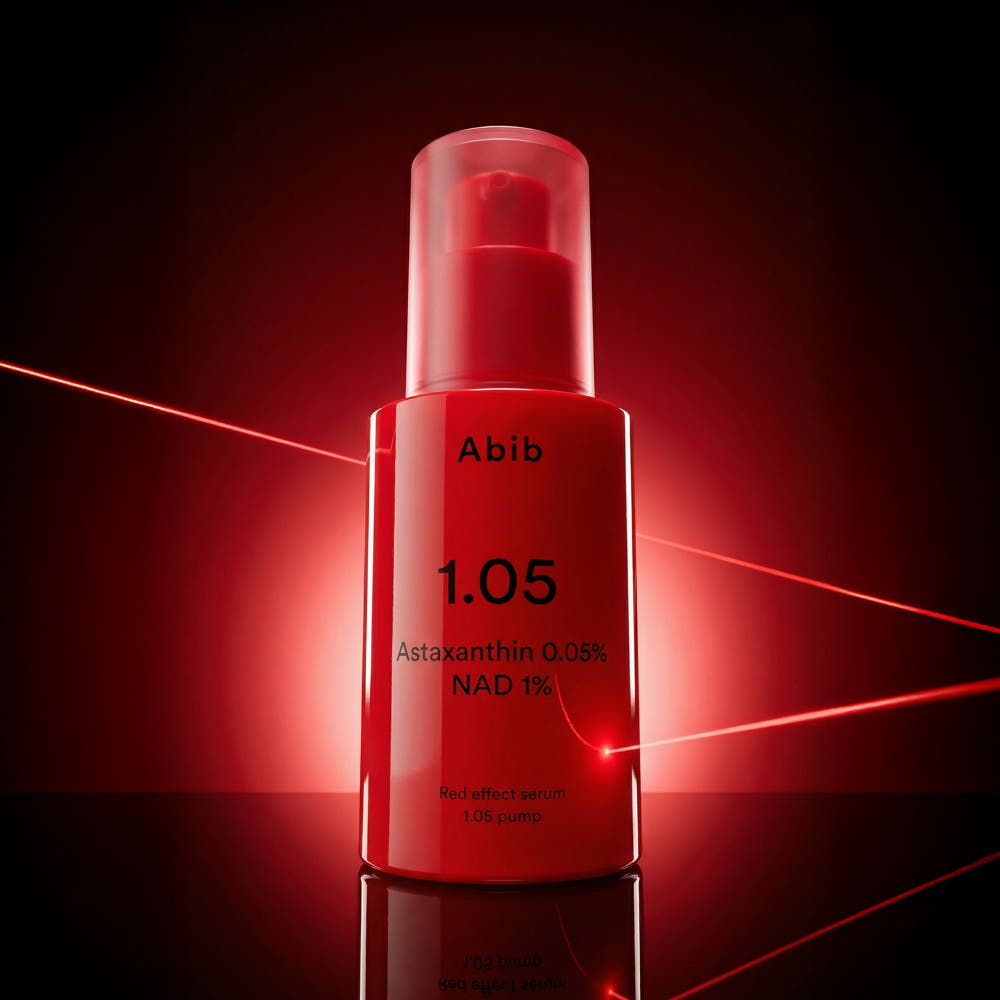ABIB  Red Effect Serum 1.05 Pump 30ml par Abib, flacon rouge sur fond sombre avec reflets lumineux.