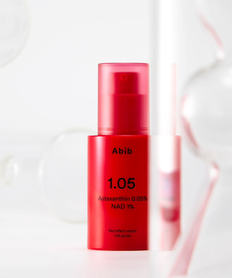 ABIB  Red Effect Serum 1.05 Pump 30ml, flacon rouge de la marque ABIB sur fond blanc, contexte beauté minimaliste.