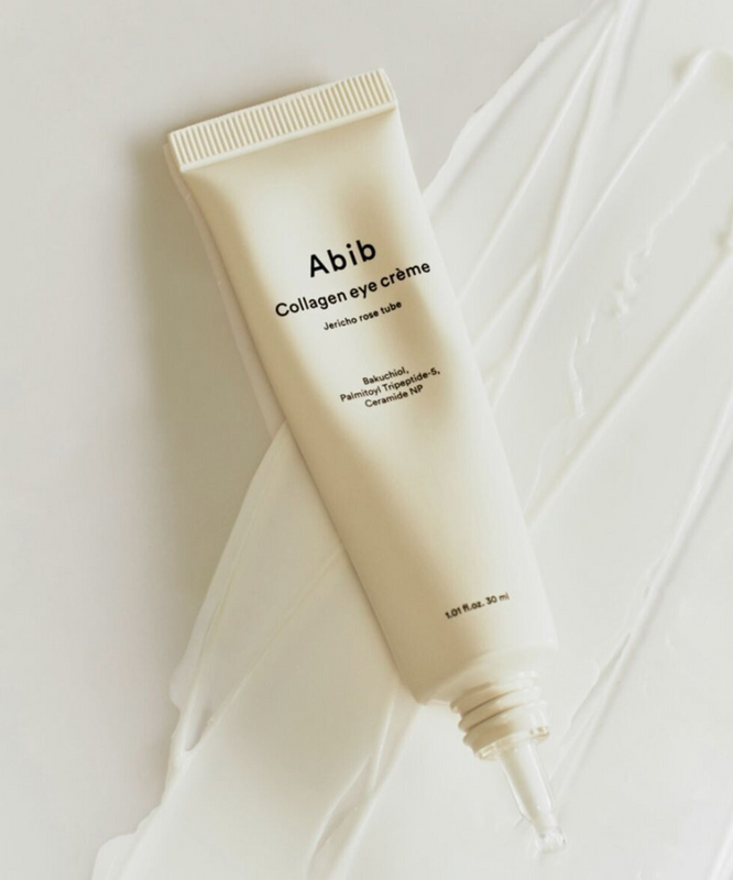 ABIB Collagen Eye Cream Resurrection Herb Tube 30ml visuel sur texture blanche élégante, crème soin des yeux.