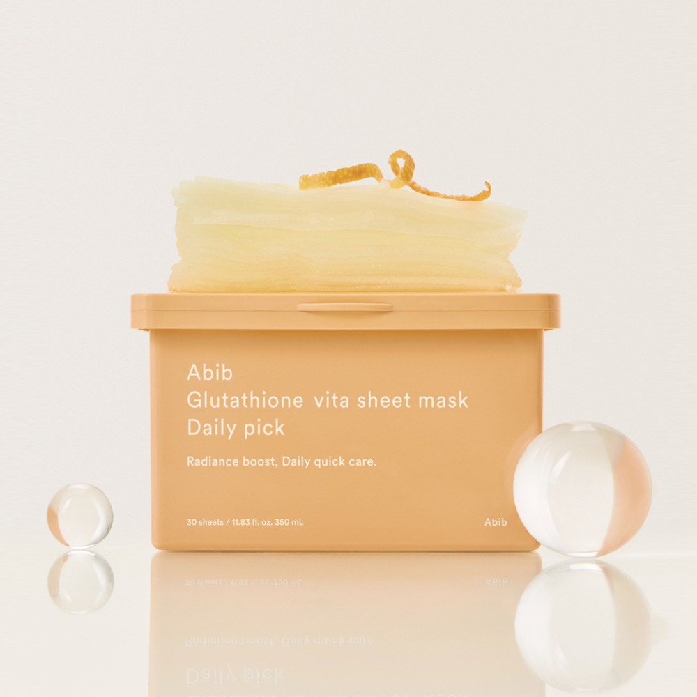 ABIB Glutathione Vita Sheet Mask Daily Pick 30 Sheets, boîte et masques en tissu, design lumineux sur fond clair.