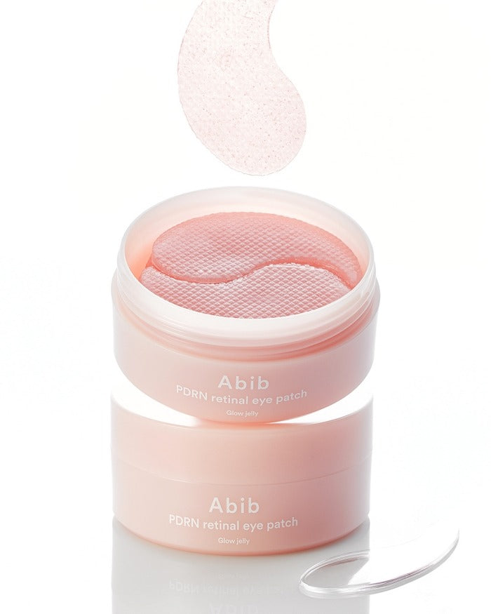 ABIB PDRN Retinol Eye Patch Glow jelly 30 Pairs, patch pour les yeux en gelée pour l'éclat de la peau, dans un pot rose.