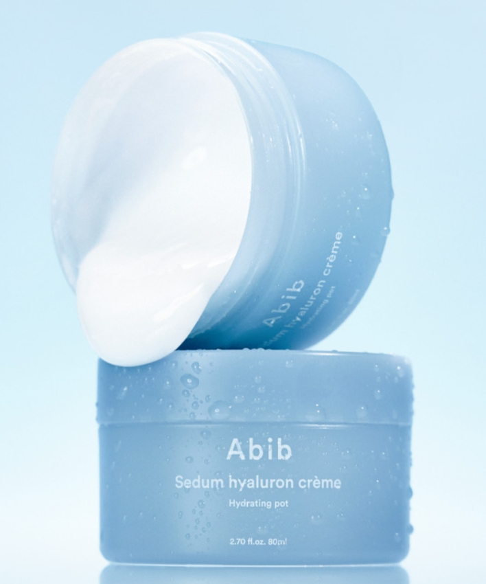 ABIB Sedum Hyaluron Creme Hyadrating Pot 80ml, pot bleu ouvert montrant la crème hydratante.