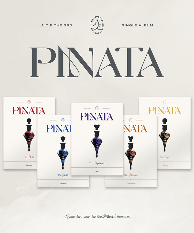 A.C.E - 3rd Single Album PINATA (Random 1 of 5) - Album Kpop, visuel avec pochettes et titres PINATA sur fond clair