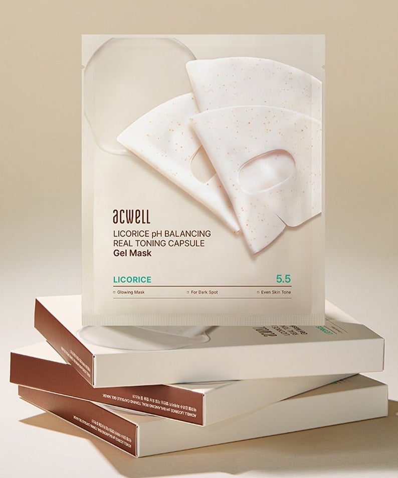 ACWELL Licorice pH Balancing Real Toning Capsual Mask Sheets 4ea, masques en feuille licorice sur boîte, marque ACWELL