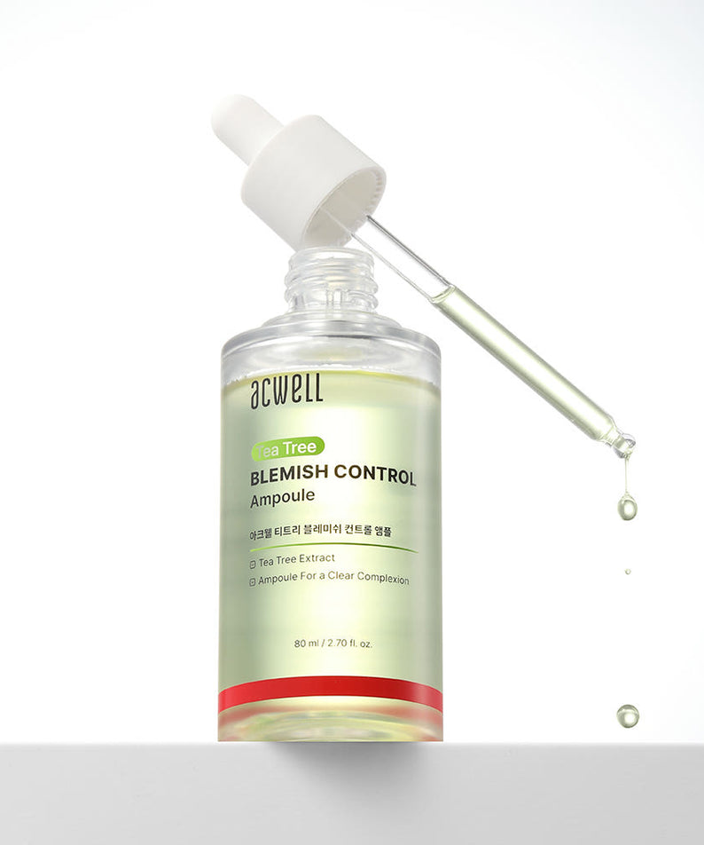 ACWELL Tea Tree Blemish Control PDRN Ampoule 80ml de marque ACWELL, flacon vert avec pipette sur fond blanc.