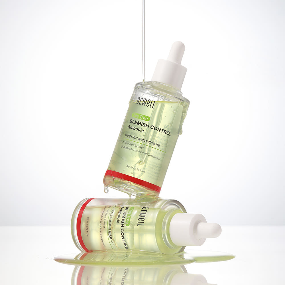 ACWELL Tea Tree Blemish Control PDRN Ampoule 80ml de la marque ACWELL, flacon vert sur fond blanc, gouttes/seringue