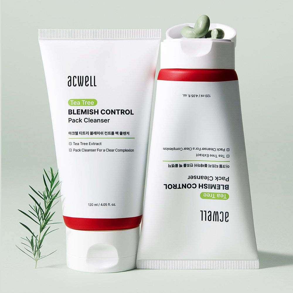 ACWELL Tea Tree Blemish Control Pack Cleanser 120ml de la marque ACWELL, tube et flacon sur fond vert avec plante de tea tree