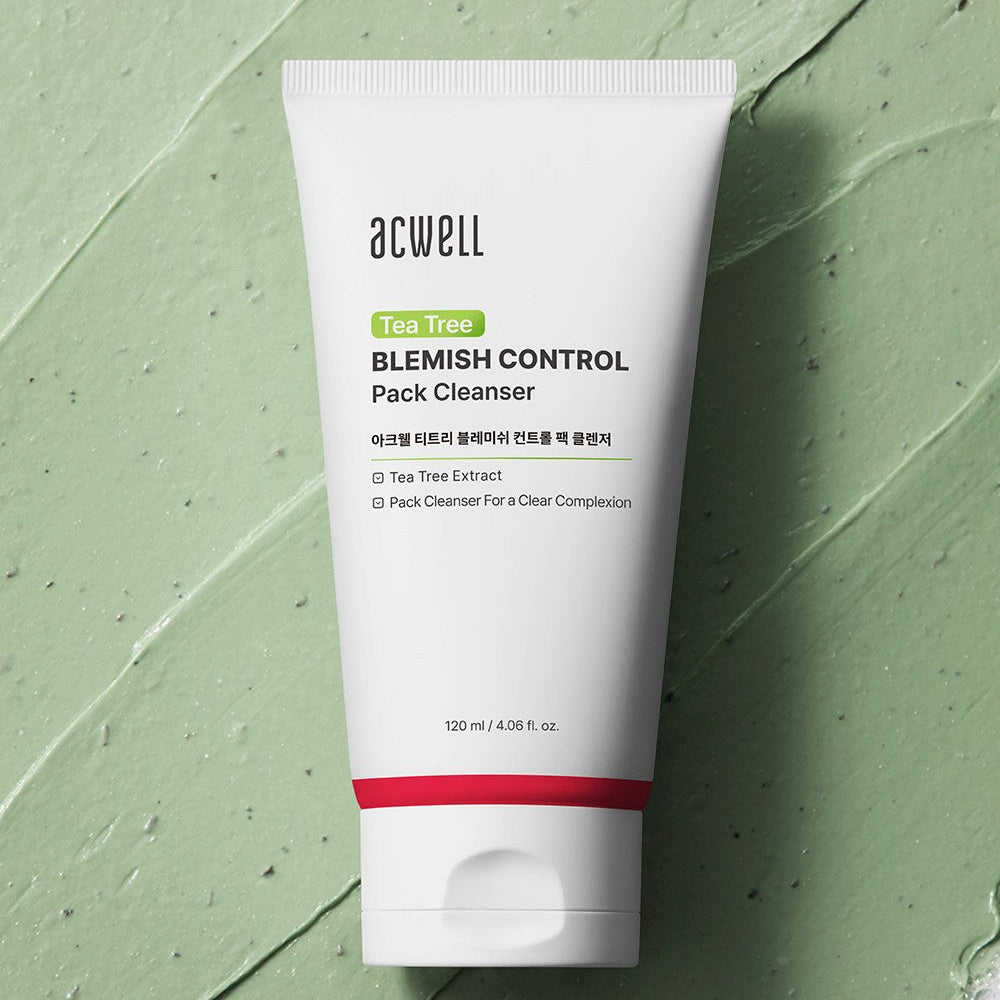 ACWELL Tea Tree Blemish Control Pack Cleanser 120ml de marque ACWELL, tube blanc sur fond vert texturé.