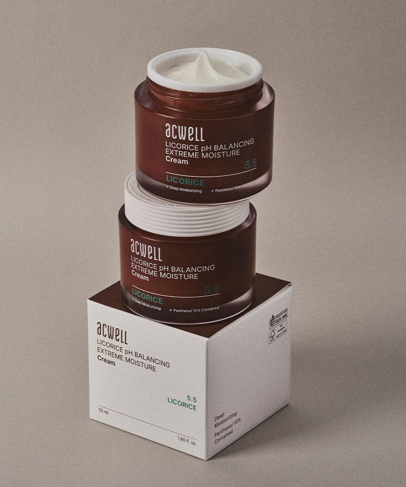 ACWELL Licorice pH Balancing Extreme Moisture Cream 55ml en pots, hydratant visage avec licorice, équilibrant pH, 55ml, deux pots empilés.