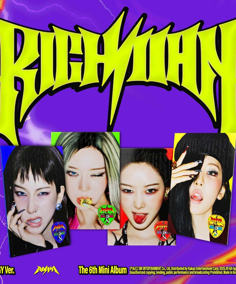AESPA - 6th Album [Rich Man] (ENERGY Ver.) (Random 1 of 4) - Album Kpop : couverture violette avec membres AESPA, néons