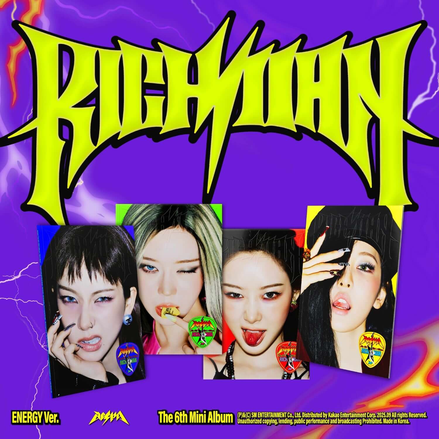 AESPA - 6th Album [Rich Man] (ENERGY Ver.) (Random 1 of 4) - Album Kpop : couverture violette avec membres AESPA, néons